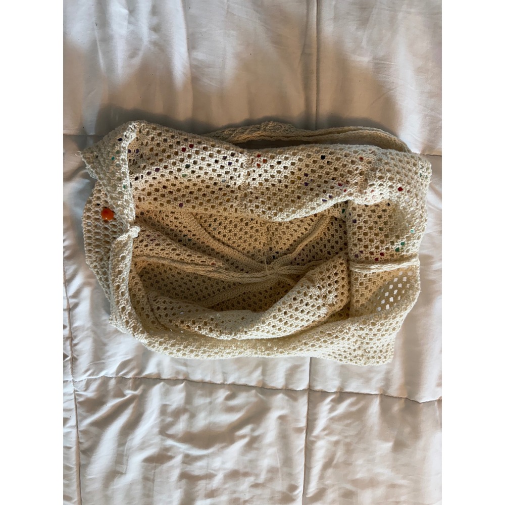 Boho Crochet Net Tote Bag Cream Off White Multi Color Beaded Market Bag Summer - Picture 3 of 5